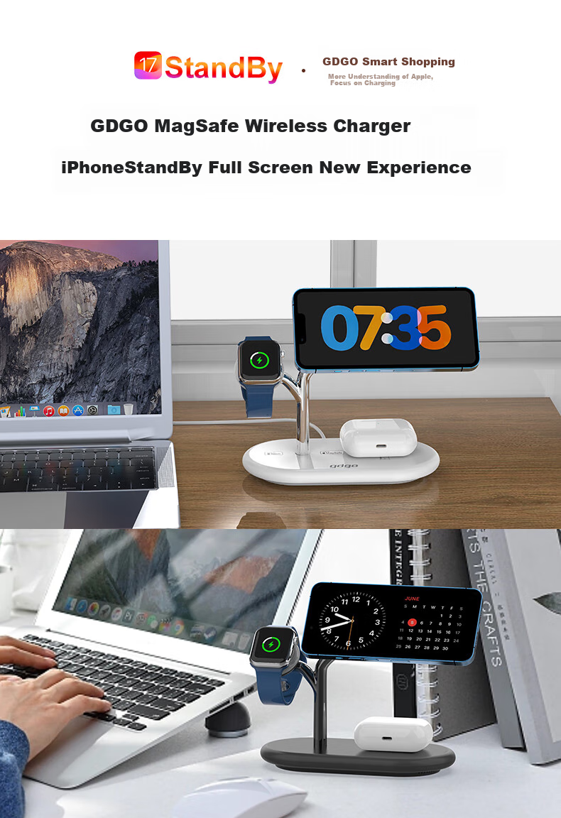 GDGO [Apple MFi Dual Certified] Apple Three-In Wireless Charger, MagSafe Magnetic S12 Watch Four-In MFM Stand, Compatible with 18/17 Pro Max/Air 5