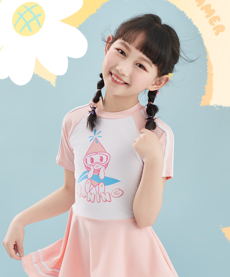Li-Ning Children's Swimsuit, One-Piece Dress Style for Girls, Comfortable Square-Leg Design, Quick-Drying, Suitable for Swimming, Beach, And Hot Springs 7