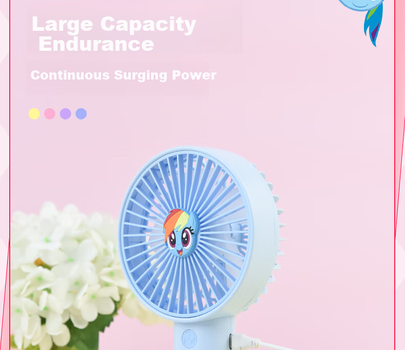 Ouliwen Small Fan, Desktop And Bed Handheld Quiet USB Rechargeable Low Noise Three-Speed with Base, Portable Mini High-Power Office Dormitory Fan, My Little Pony Blue 8