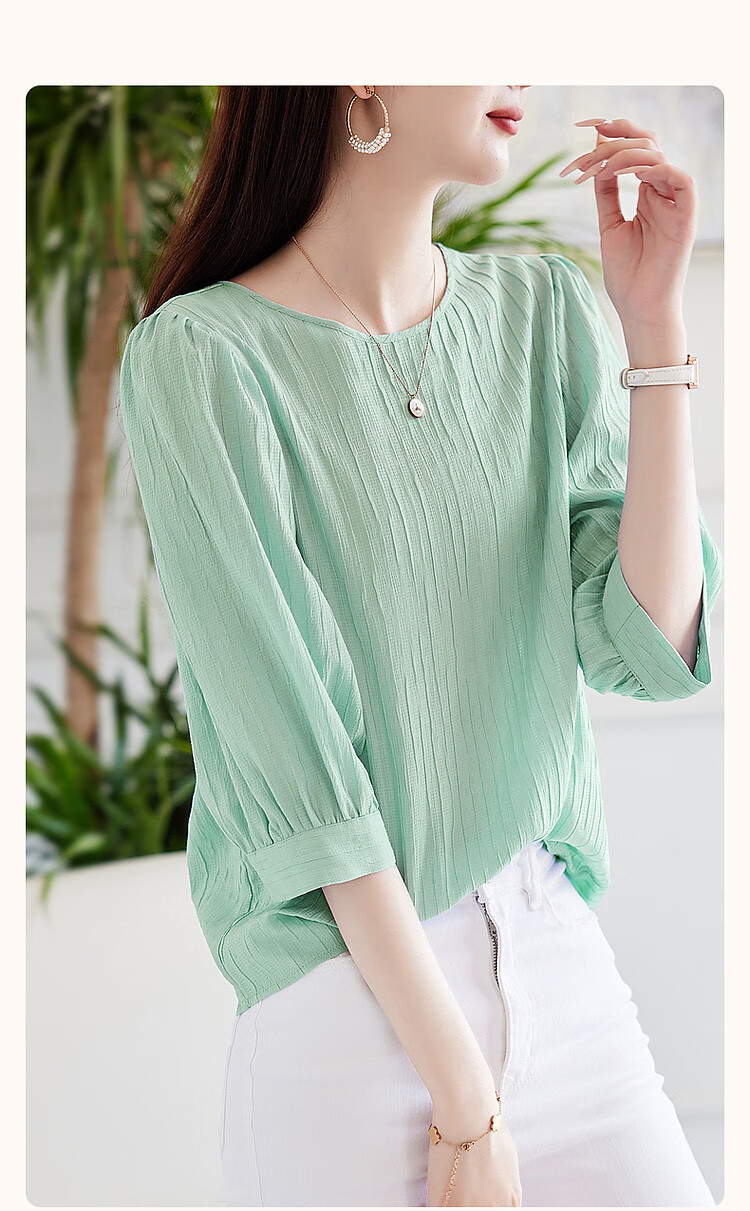 Demana French Texture Shirt Summer Commuter Round Neck Lantern Sleeve Blouse Women's Top 2
