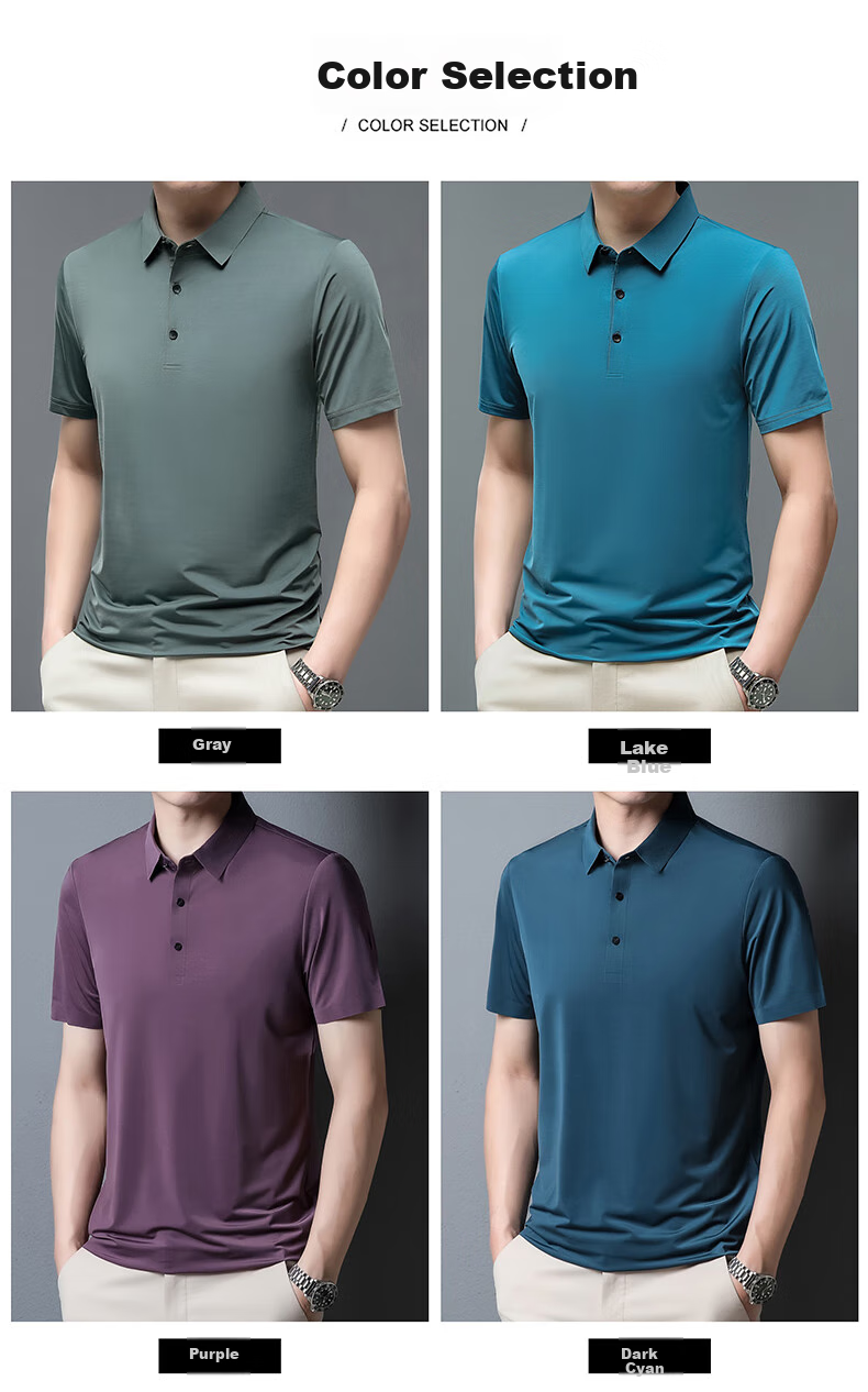 ROMON Men's Short Sleeve Polo Shirt Ice Silk High Elastic Cooling Summer Business Solid Color Top A28 4