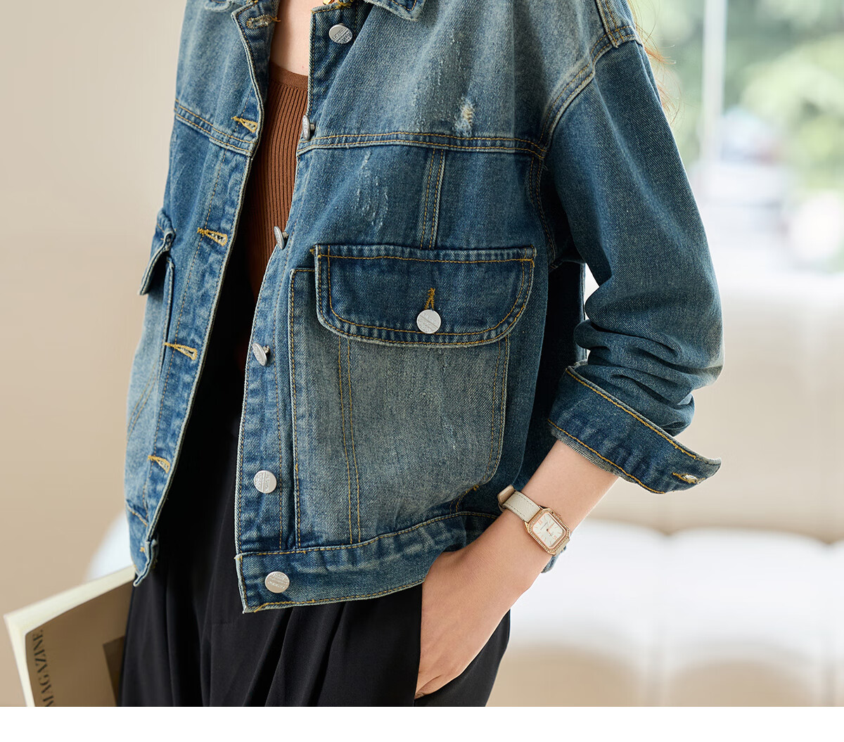 Pincai Women's Denim Jacket Trendy Retro Double Pocket Design Casual Versatile Top P53D006 40
