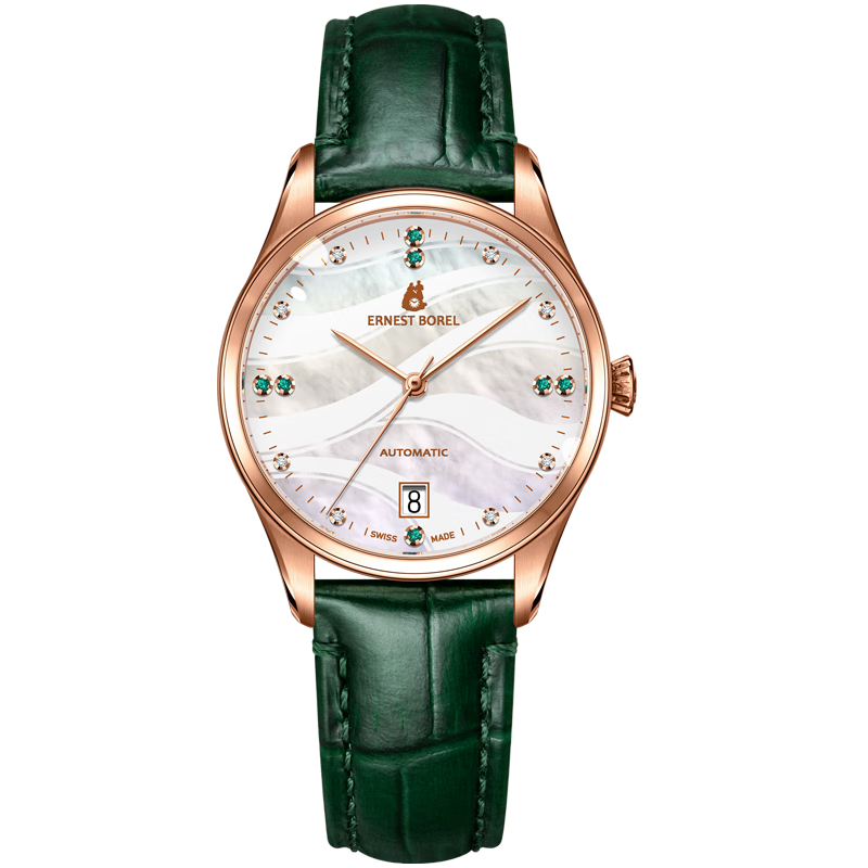 ERNEST BOREL Swiss Ladies' Watch [Mid-Autumn Festival Gift] Butterfly Series Mechanical Watch with Green Leather Strap And Diamond Inlay, Gift for Mother