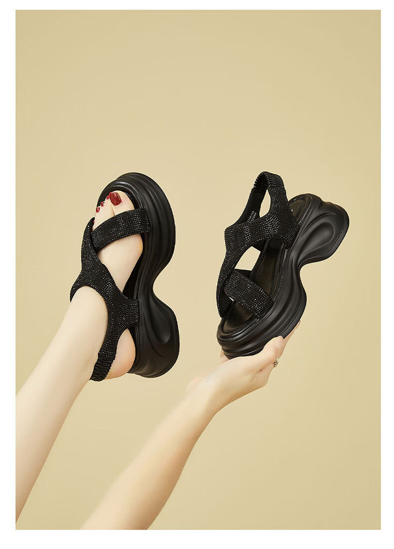 Daphne Women's Sandals Thick Sole Fashion Rhinestone Height Increasing Slim Comfortable Lightweight Beach Shoes Elastic Band Black Size 38 11