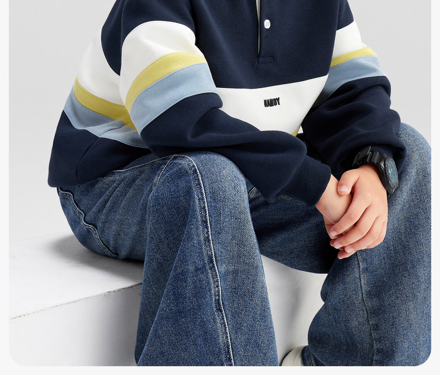 Zuoxi Boys' Polo Shirt Sweatshirt, 2026 New Trendy Children's Striped Color-Block Pullover, Navy Blue, Size 160 5
