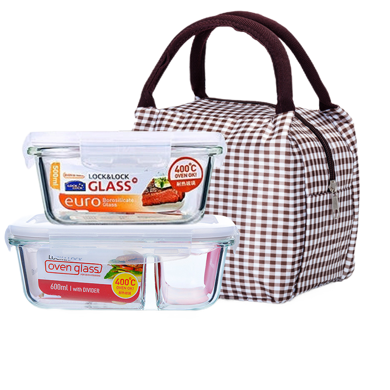 LOCK&LOCK Insulated Glass Food Storage Container Set with Dividers, Lunch Box 600ml + 500ml with Lunch Bag