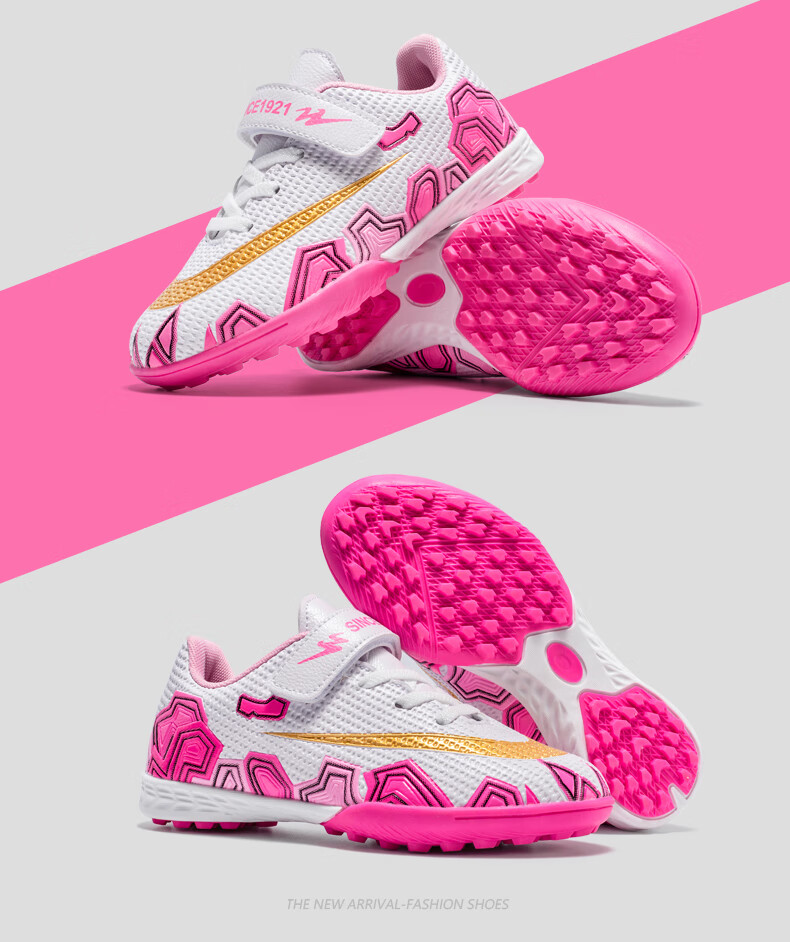 Shuangxing Children's Soccer Shoes, TF Turf Cleats, Summer Student Youth Big Kids Lightweight Non-Slip Wear-Resistant Football Boots, White And Pink, Size 34 37