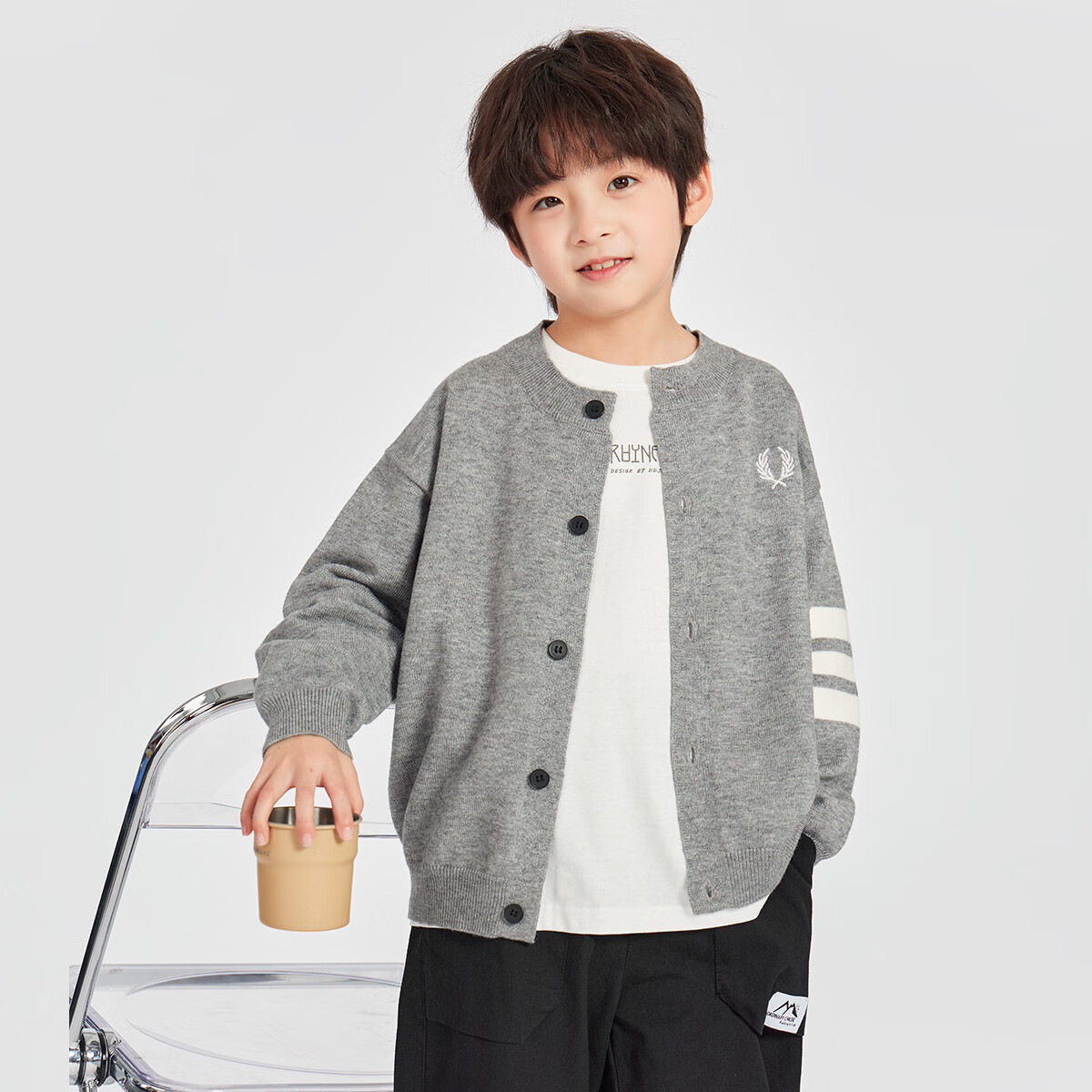 Duoduo Home Boys' Cardigan Sweater 2025 Spring Casual Knit Jacket Round Neck School Style Versatile Top for Older Kids