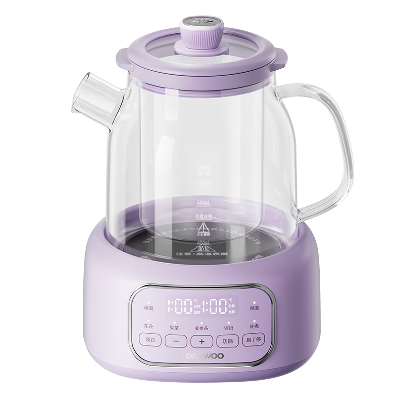 DAEWOO Health Pot, All-Glass Body, Constant Temperature Kettle, Multifunctional Tea Maker, Flower Tea Pot, Metal-Free Health Cup, 24-Hour Reservation, Insulated Milk Maker, YS14A Purple with Tea Strainer