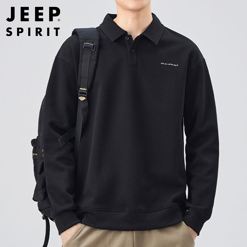JEEP SPIRIT Polo Shirt for Men, Loose-Fitting Long-Sleeve T-Shirt with Collar, Spring Season, Black, Size M