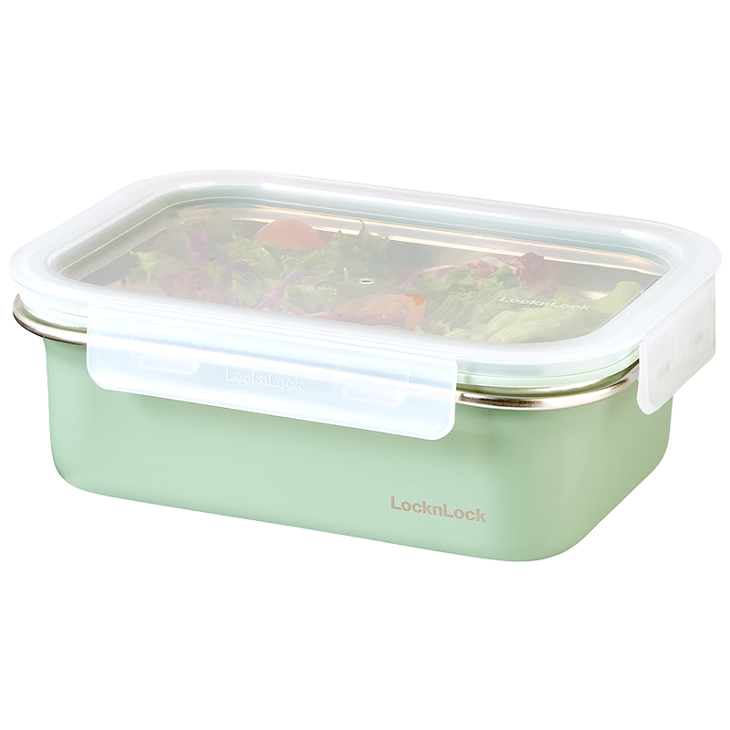 LOCK&LOCK Colorful Food-Grade Stainless Steel Storage Container, Refrigerator Kitchen Organizer Box, Fruit Student Meal Container, 1.2L Gree