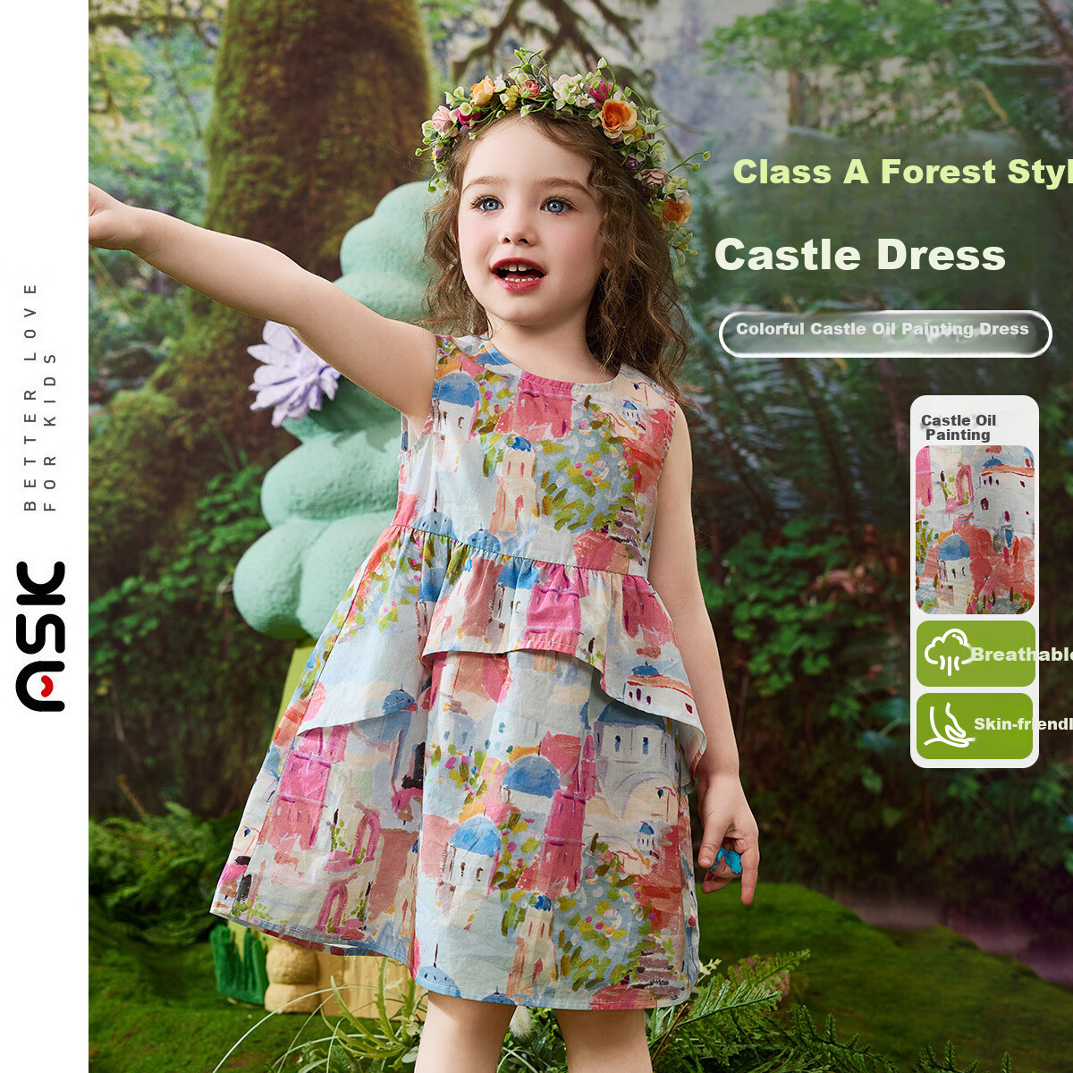 ASK JUNIOR Baby Girl Dress, Pure Cotton Summer Children's Oil Painting Vacation Dress, Sleeveless Dress, Girls' Princess Dress 1
