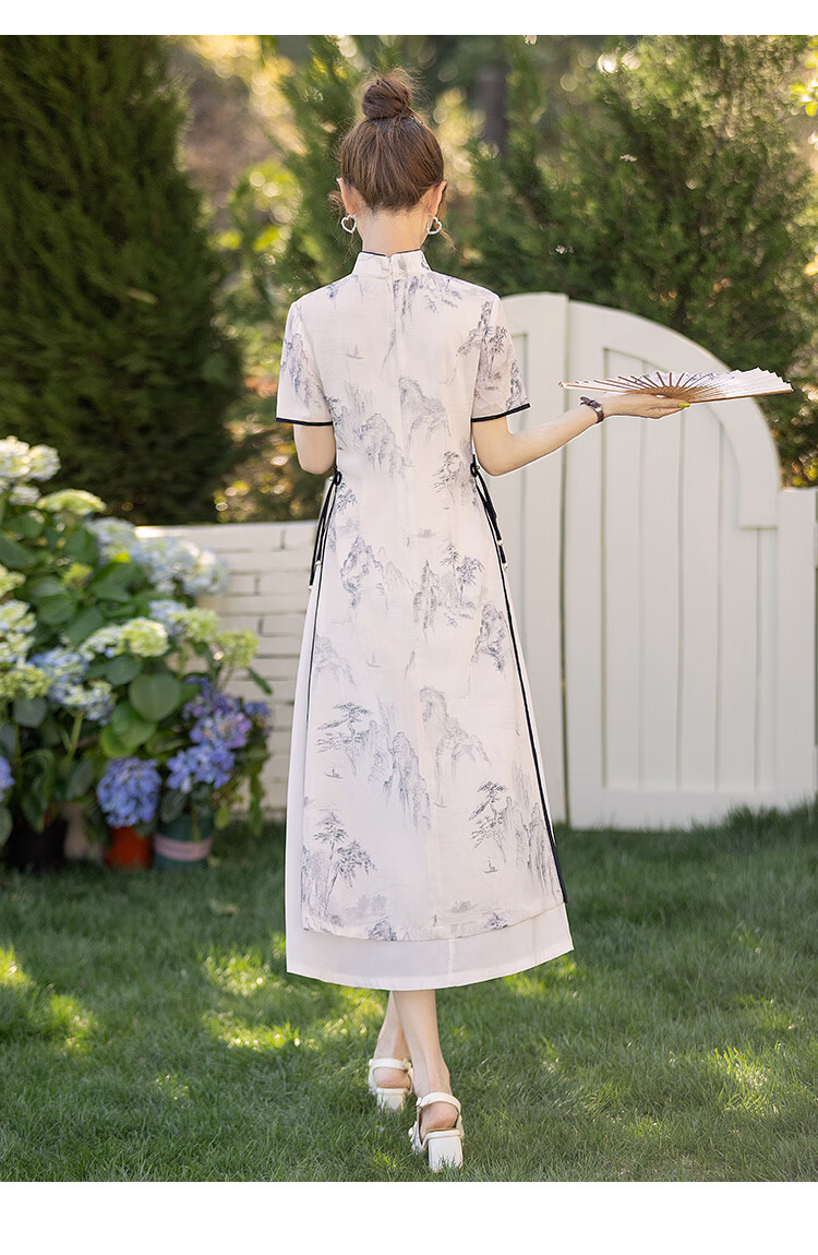 Cypress Vintage Qipao 2026 Summer New Slim Fit Stand Collar Mid-Length Short Sleeve Dress for Women 9