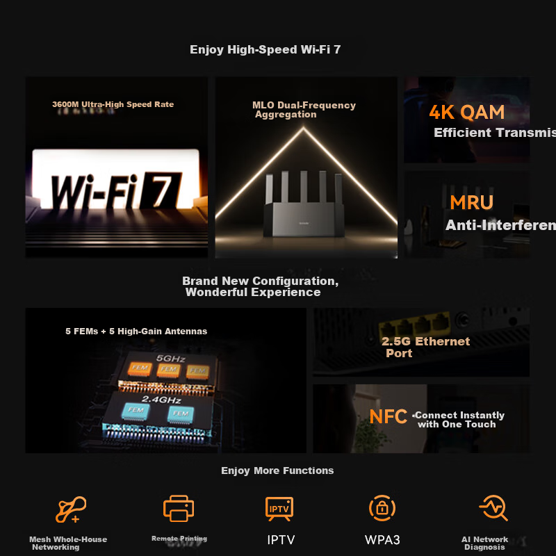 Tenda Router Yunxiao BE3600 [Raging WiFi 7 | JINGDONG Exclusive First Release] 2.5G Port Wireless Gigabit Wall-Penetrating Signal Booster Mesh Floor-Standing Desig