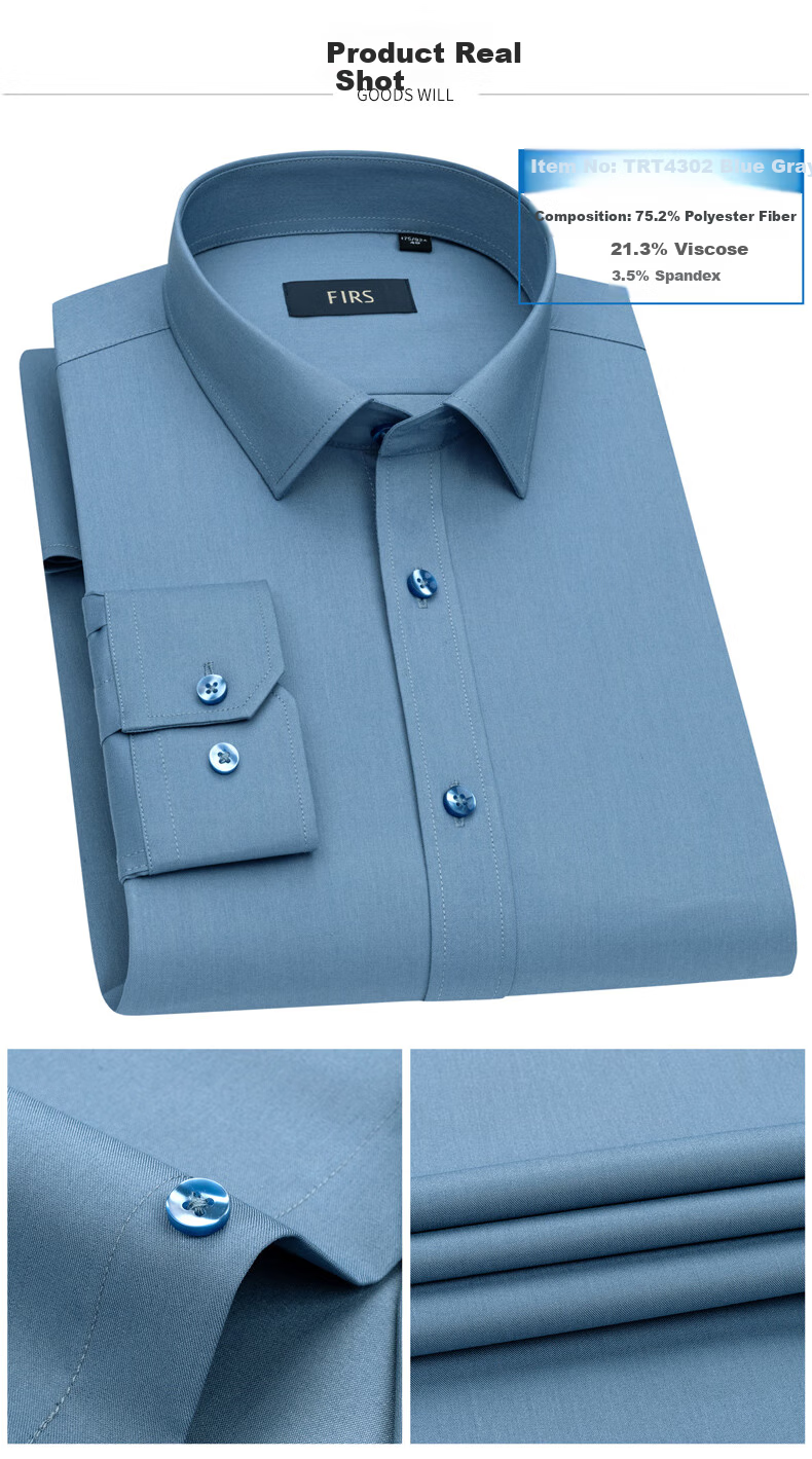 FIRS Men's Long-Sleeve Dress Shirt, Wrinkle-Resistant, No-Iron, Business Elastic Formal Workwear, Khaki, Size 38 9