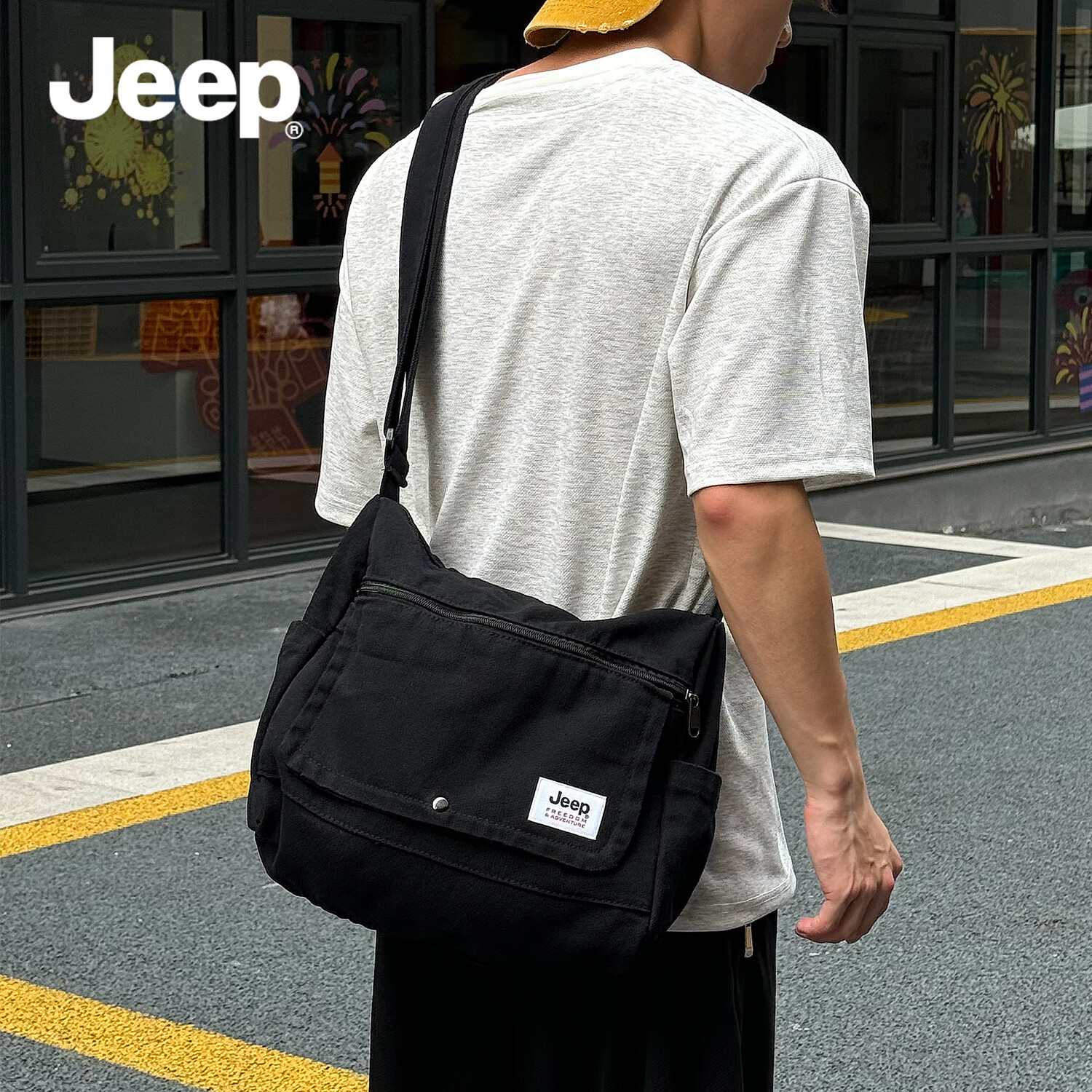 JEEP Shoulder Bag for Men, Trendy Large Capacity Casual Crossbody Messenger Bag, Japanese Style Canvas Crossbody Bag, Black