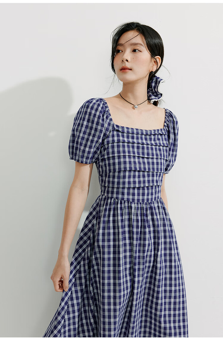 INMAN French Plaid Dress Summer Women's Versatile Puff Sleeve A-Line Skirt Navy Blue S 20