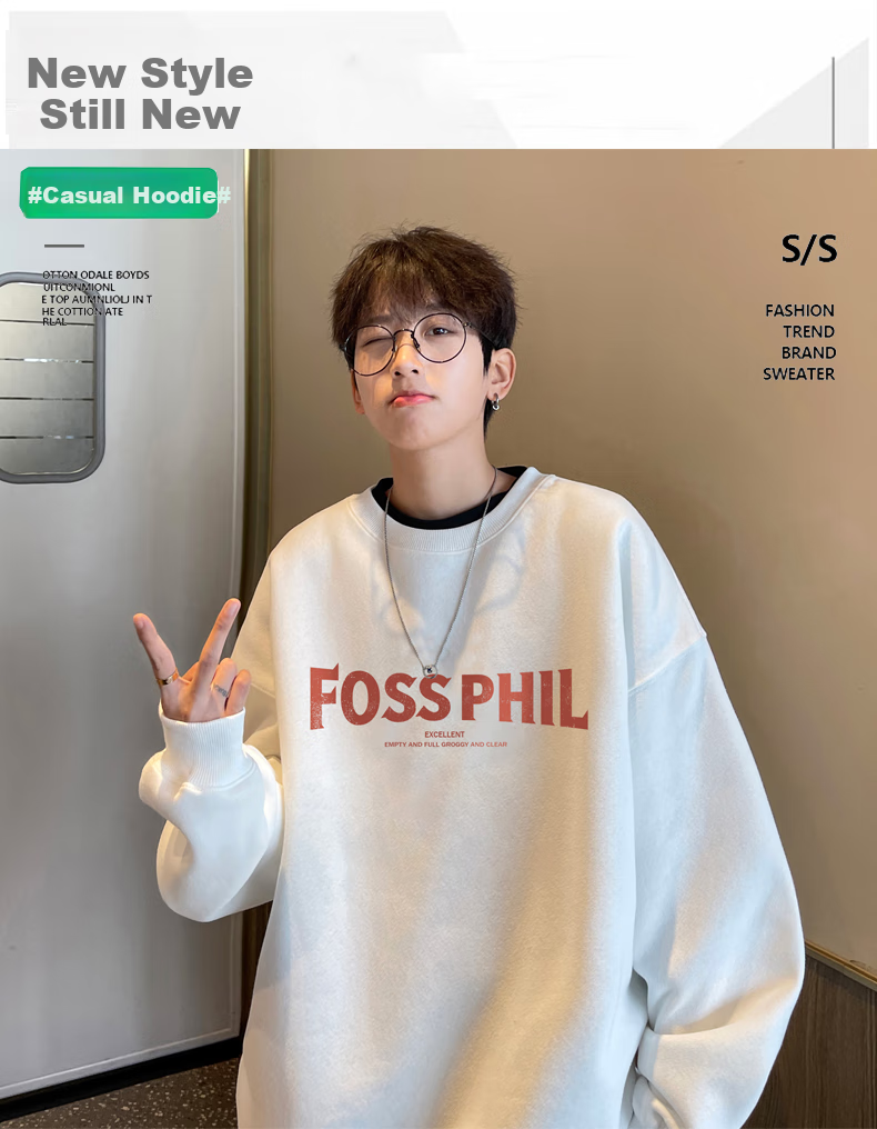 Foss Phil Round Neck Casual Sweatshirt for Men, Spring And Autumn Loose-Fitting Printed Long-Sleeve T-Shirt, Base Layer Korean-Style Top FPW3 Black 3XL 1