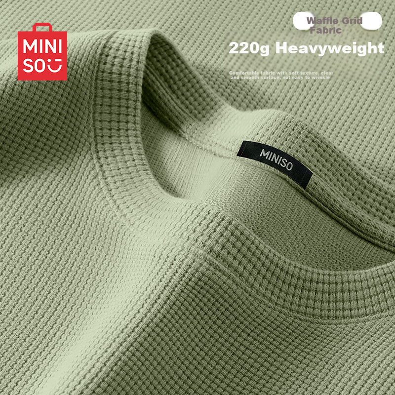 MINISO Waffle Knit Long-Sleeve T-Shirt for Men, 220G Heavyweight Round Neck Spring Wear-Resistant Wrinkle-Resistant Undershirt, Palm Green, M