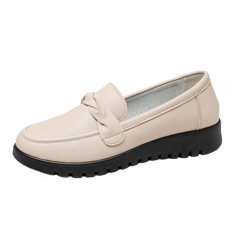 Huili Mom Shoes for Elderly, Comfortable Spring And Autumn, for Ages 50-60 Middle-Aged Women, Soft Sole, Non-Slip Leather Shoes, Middle-Aged And Elderly, 0044 Beige, Size 34
