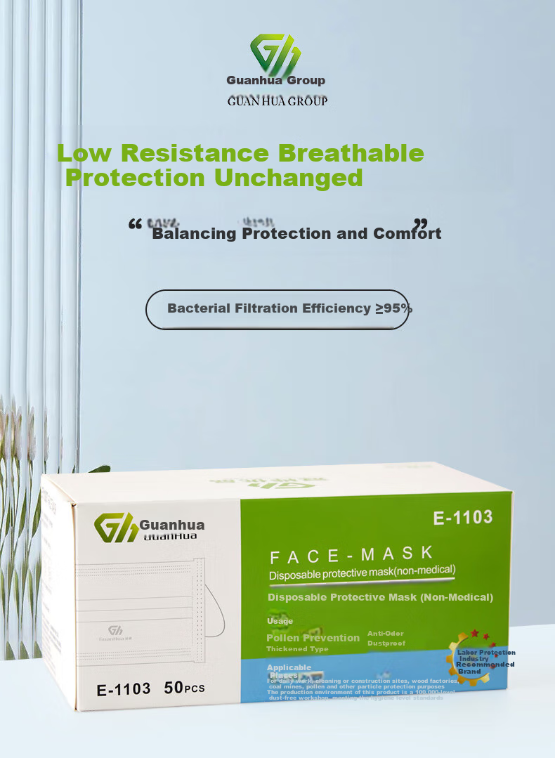 GuanHua E1103 Disposable Protective Masks, 1 Box of 50, Blue, Comfortable Breathable Three-Layer Protection, Filtration Efficiency Greater Than 95%, Adult Protective Masks 1