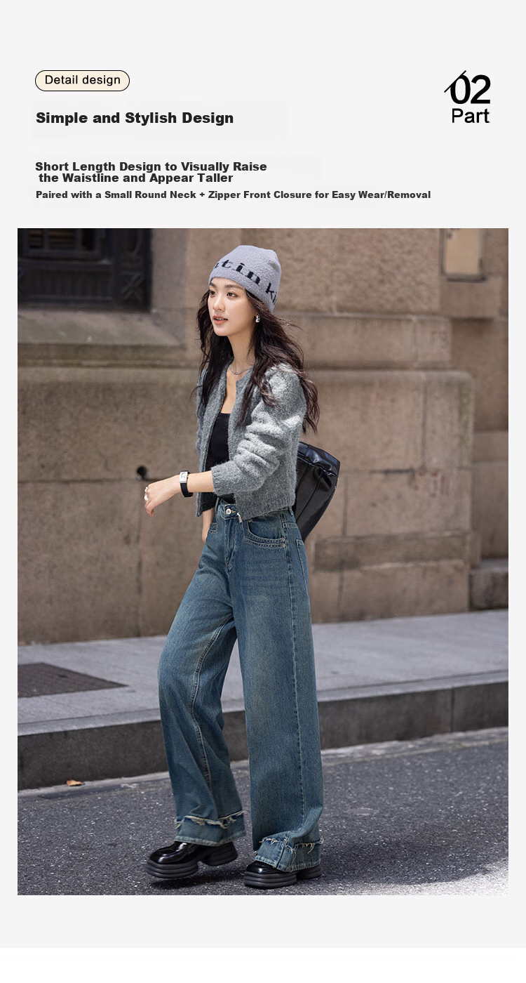 Dme [Gray Plush Knit Jacket] Autumn Round Neck Opening Placket Zipper Design Long-Sleeve Knit Sweater, Gray, S 7