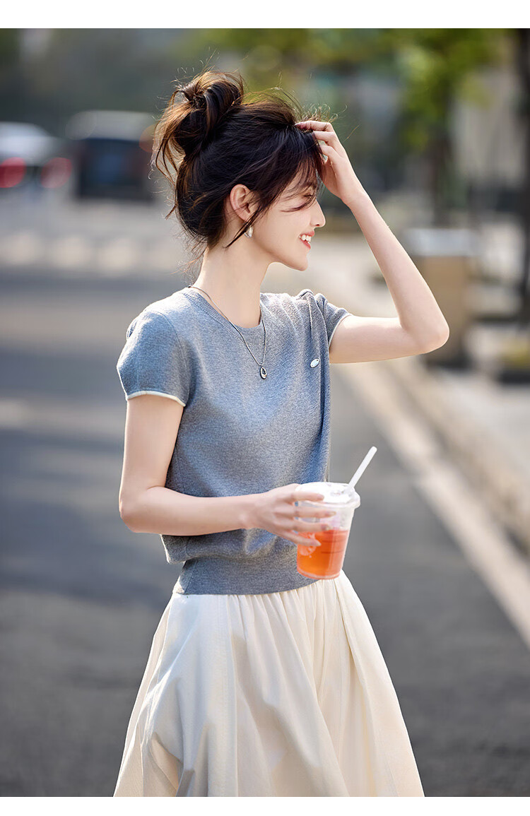 Shangjing Women's Short Sleeve Knit Top Summer New Slim Fit Simple Short T-Shirt for Petite Women 5