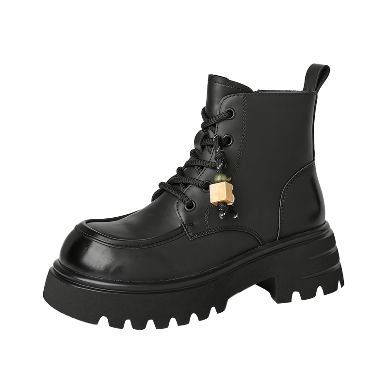 DAPHNE Women's Platform Martin Boots British Style Fleece-lined Versatile Ankle Boots Vintage Motorcycle Boots Black Size 37