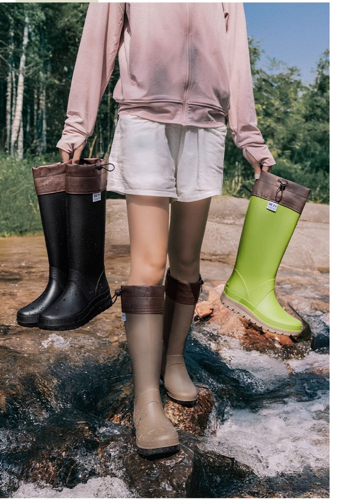 Warrior Unisex Outdoor Foldable Waterproof Rain Shoes Rubber Non-slip High Tube Rain Boots Camping Creek Shoes Brown Size 39 10