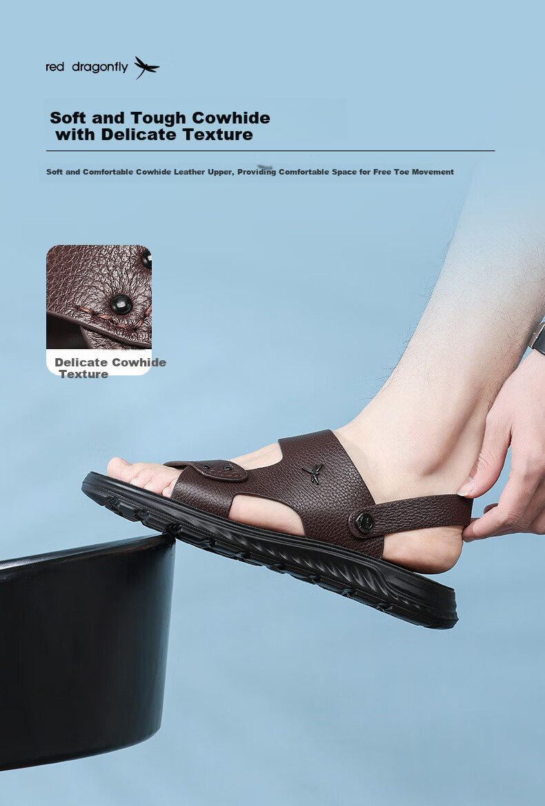 RED DRAGONFLY Leather Sandals for Men, Summer Breathable Casual Slippers, Cowhide Beach Shoes, Two-Way Wear WTT250021 Black Size 40 2