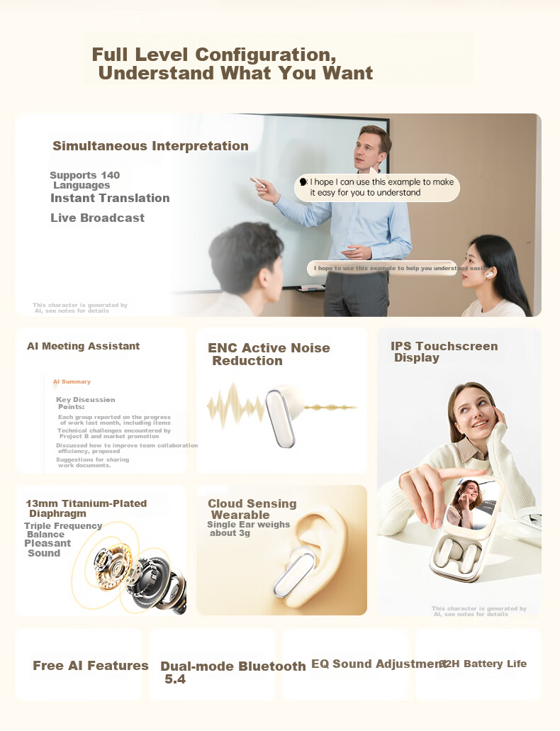 D.ROB Simultaneous Interpretation Wireless Bluetooth Headphones, AI Earphones, Semi-In Conference Translation Headset, Suitable for Running Sports Calls, Gift for Girlfriend, Exquisite Push-Pull Screen G9 Beige 2