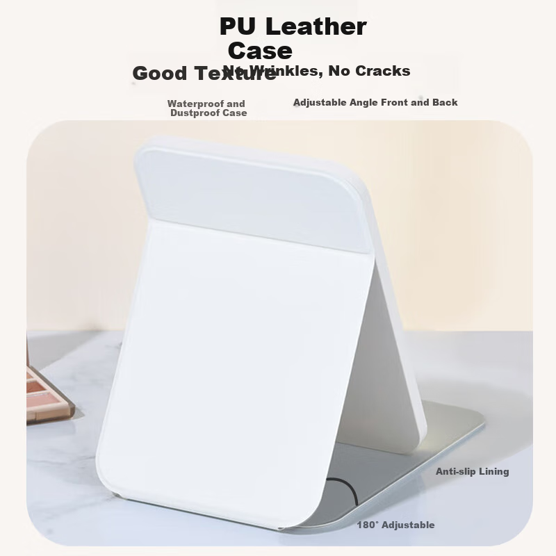 Meebordi Mirror Makeup Mirror with LED Light, Leather Student Folding Dressing Mirror, Portable Desktop Dorm Beauty Equipment, Birthday Gift, Cream White