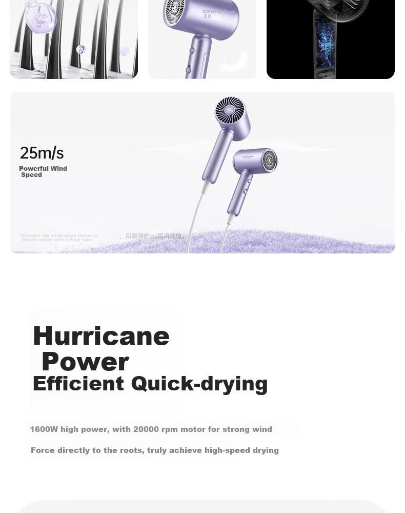CONFU 100 Million Plasma Hair Dryer 1600W High-Power Quick-Drying Hair Protection No Damage to Hair Mite Removal Antibacterial for Men And Women Home Use Negative Ion Hair Dryer KF-3158 Purple Holiday Gift 3