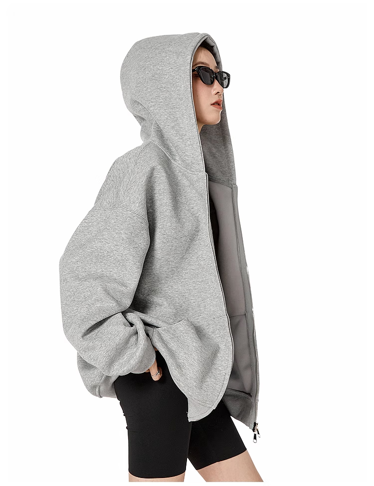 ICH MODE Fleece-Lined American Style Hoodie Jacket Women Autumn Winter Loose Fit Double Zipper Cardigan Lazy Long Sleeve Coat Black L 5