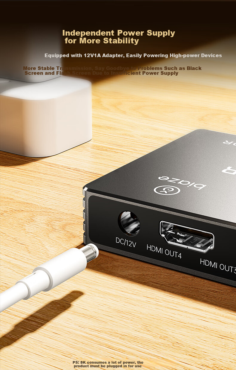BIAZE HDMI 2.1 Splitter, One to Four 8K 60Hz, Video Splitter for Laptop, TV Box to Connect TV, Monitor, Projector Screen Mirroring Display 12