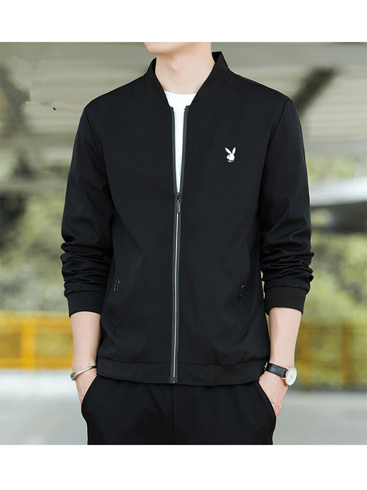 PLAYBOY Men's Autumn Winter Fleece Lined Thickened Stand Collar Loose Casual Jacket Black XL 1