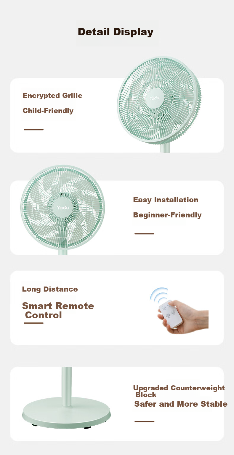 Yadu Electric Fan, First-Class Energy Efficiency Fan [DC Inverter], Home Remote Control Floor Fan, Energy-Saving Fan with Timer, Quiet Sleep Cooling Device 8
