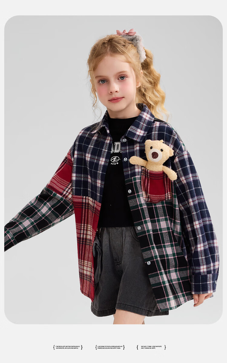 ASK JUNIOR Kids Shirt 2025 Autumn Plaid Brushed Cotton Colorblock Shirt Jacket with Bear Decoration for Girls 7