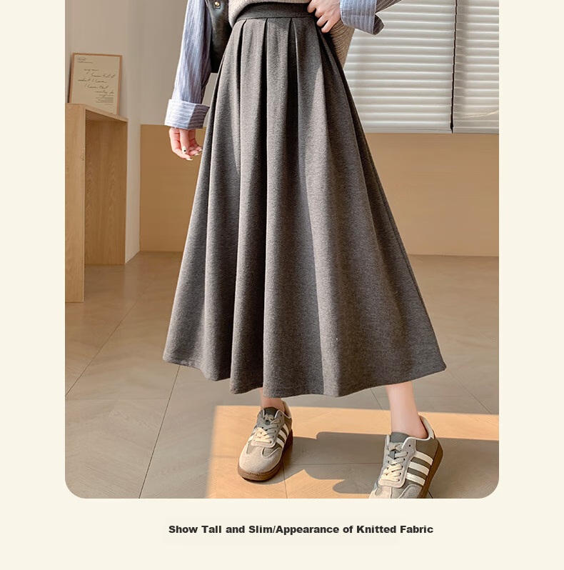 LangSha Women's Woolen Feel Skirt 2026 Spring Autumn High Waist Loose Slim A-Line Mid-Length Skirt 3