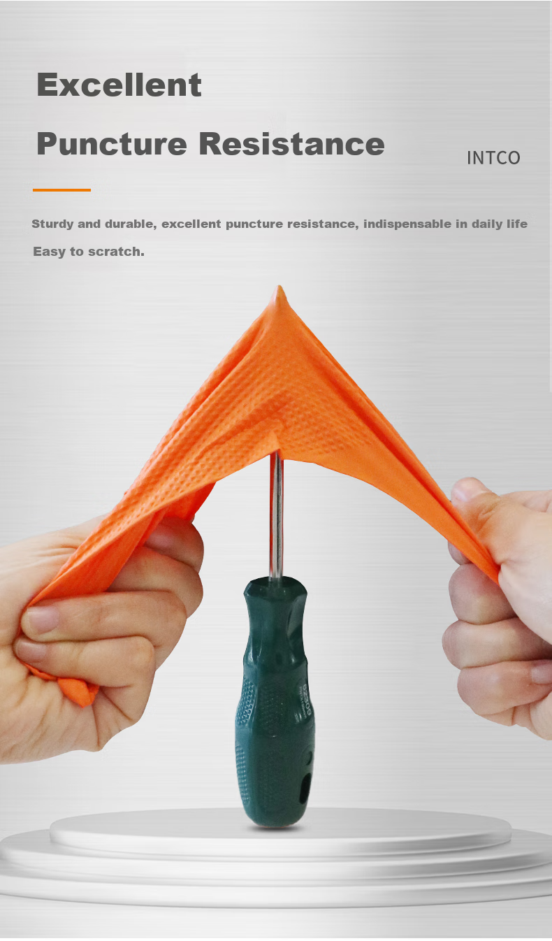 INTCO Diamond Pattern Nitrile Gloves, Extra Thick Durable Work Gloves, Orange, 30 Pieces/box, Size L 5