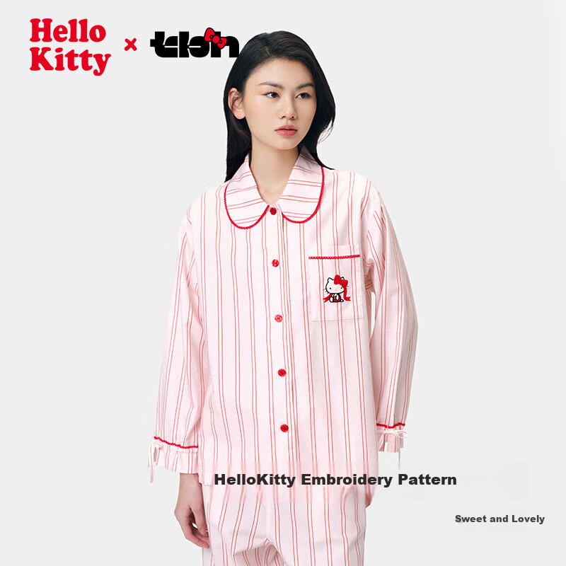 Пижама Sanrio Hello Kitty Tencel Cotton, женская, с длинными рукавами и брюками, розовые полоски, размер M