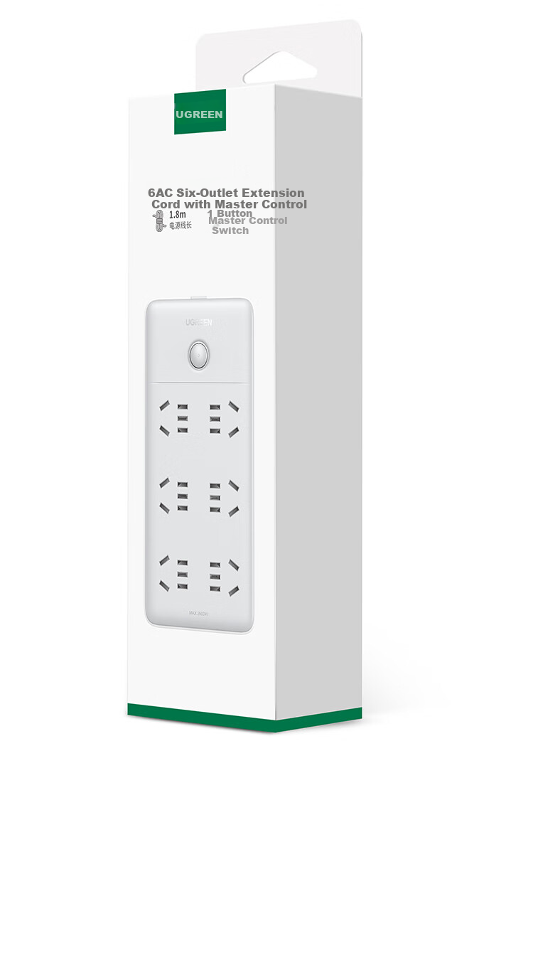 UGREEN Power Strip/Extension Cord/Surge Protector/Power Bar/Socket/Power Board/Cable Reel for Student Dormitory And Home Use, Desktop with Cord, New National Standard Large Spacing 6 Outlets with Master Switch, Total Length 2 Meters 21