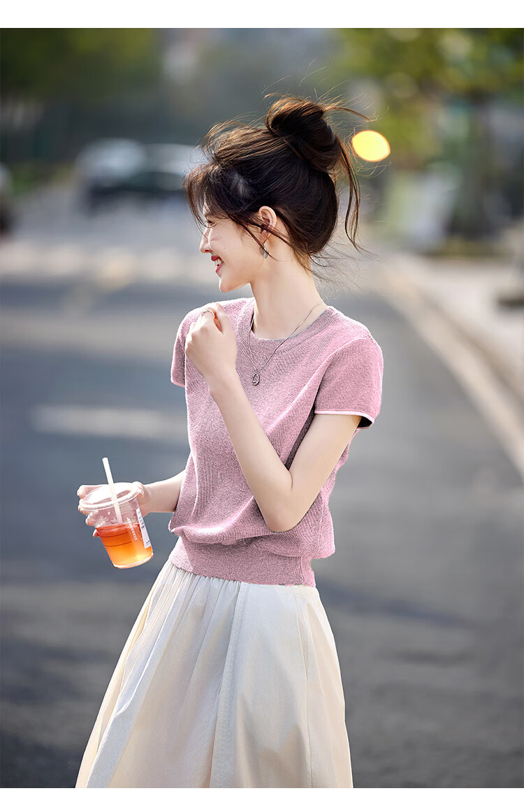 Shangjing Women's Short Sleeve Knit Top Summer New Slim Fit Simple Short T-Shirt for Petite Women 11