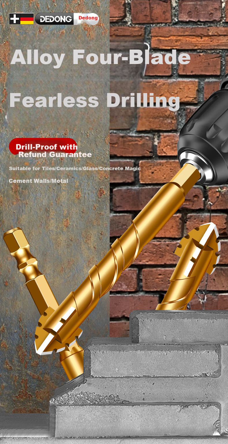 Dedong Four-Blade Serrated Eccentric Drill Bit for Tiles, Concrete, Stainless Steel, Dry Drilling, Angled Head, 6+8+10mm Three Pieces 5
