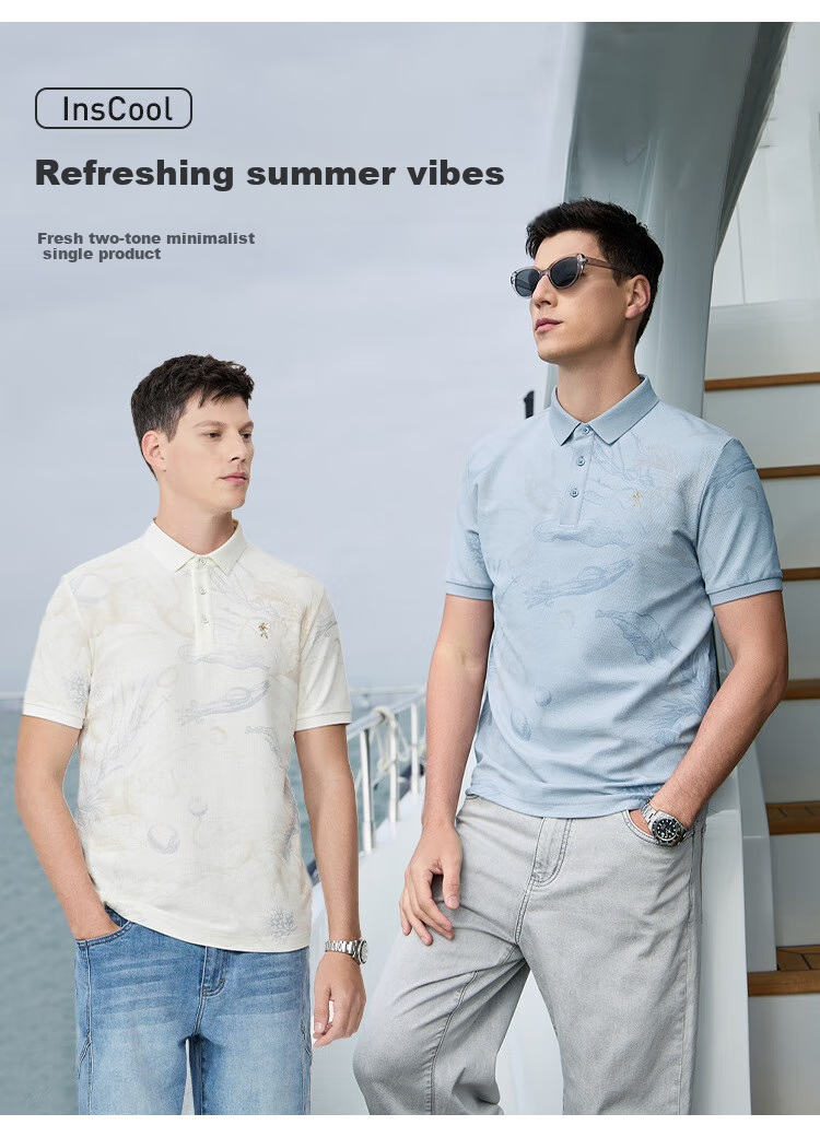 DANCING WOLVES [Bingyangba] 7A Antibacterial All-Over Cool Short-Sleeve Men's Polo Shirt, Light Blue, 3XL(190), 113 5