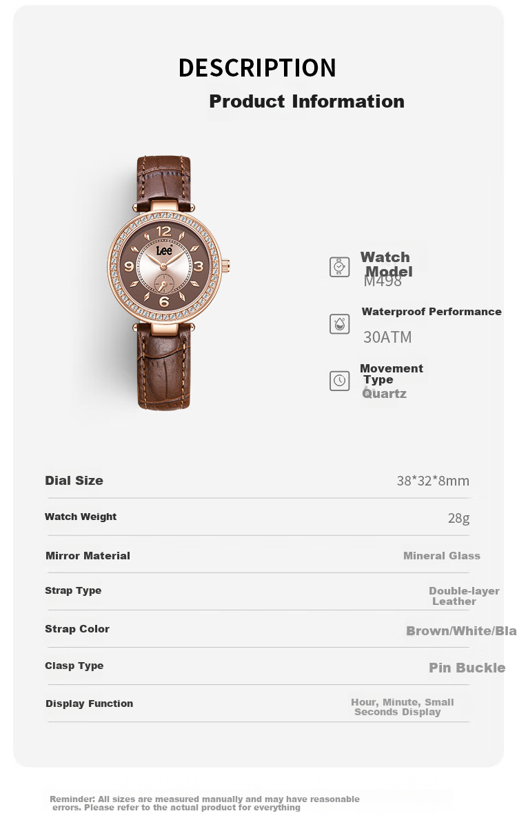 Lee Women's Watch, Simple Leather Strap, Compact Vintage Light Luxury Quartz Watch, Birthday Gift, 2026 New Model M498, Brow 11
