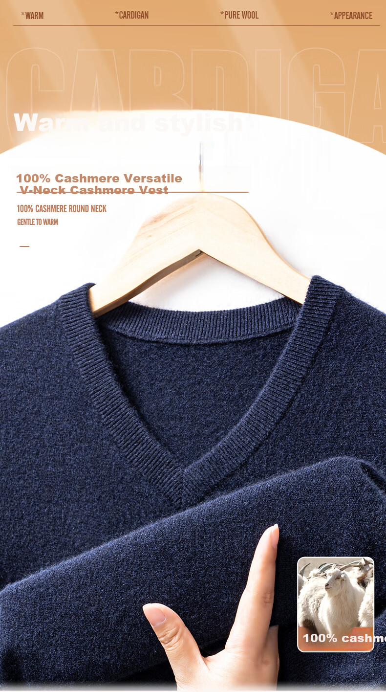 Hengyuanxiang Men's Thick Cashmere Vest 100% Pure Cashmere Autumn Winter V-Neck Sleeveless Warm Versatile Sweater 1