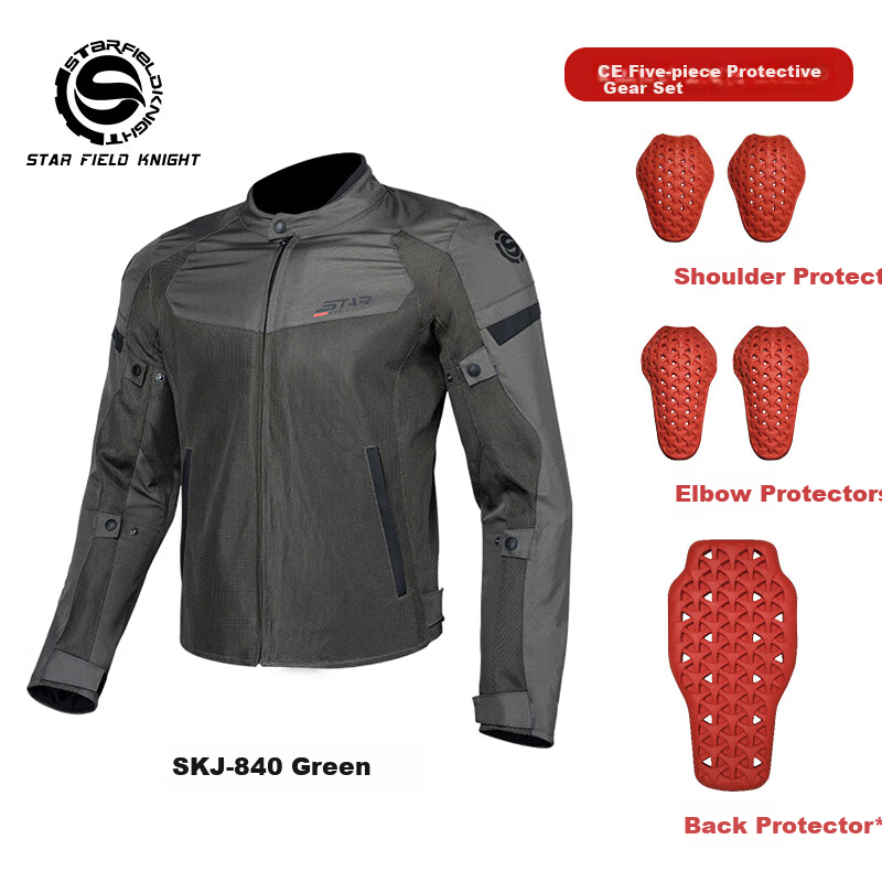 STAR FIELD KNIGHT Motorcycle Riding Jacket for Men, Summer Mesh Breathable, Fashionable Retro Jacket, Green, Size 5XL
