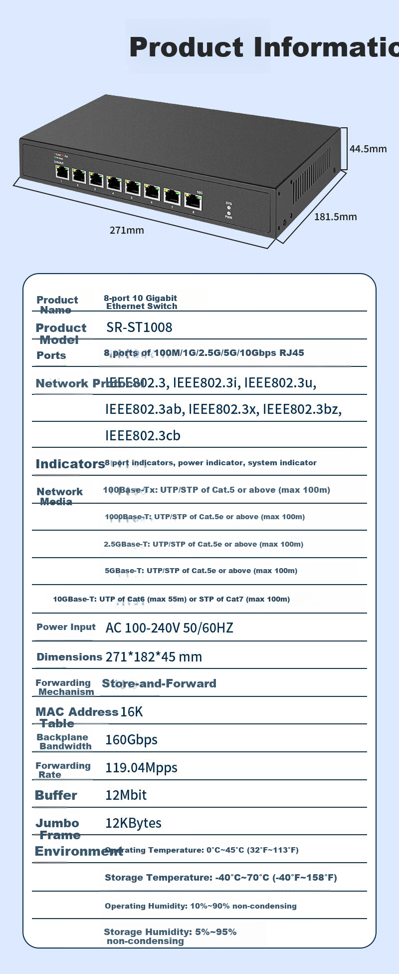 Xiliweishi 8-Port Full 10G Ethernet Switch, Layer 3 Managed, 10G High-Speed Splitter, Network Switch for Home And Enterprise Use, VLAN, LACP Dynamic Aggregation Switch SR-ST3008 9