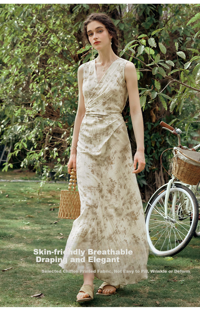Olrain French Style Apricot Dress Women Summer Waist Slim Floral Mid-Length Dress Apricot L 2